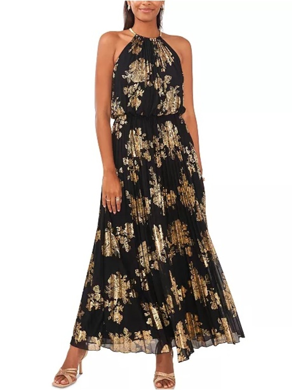 MSK Metallic-Print Pleated Blouson Gown Autumn or Winter Wedding Guest Dress